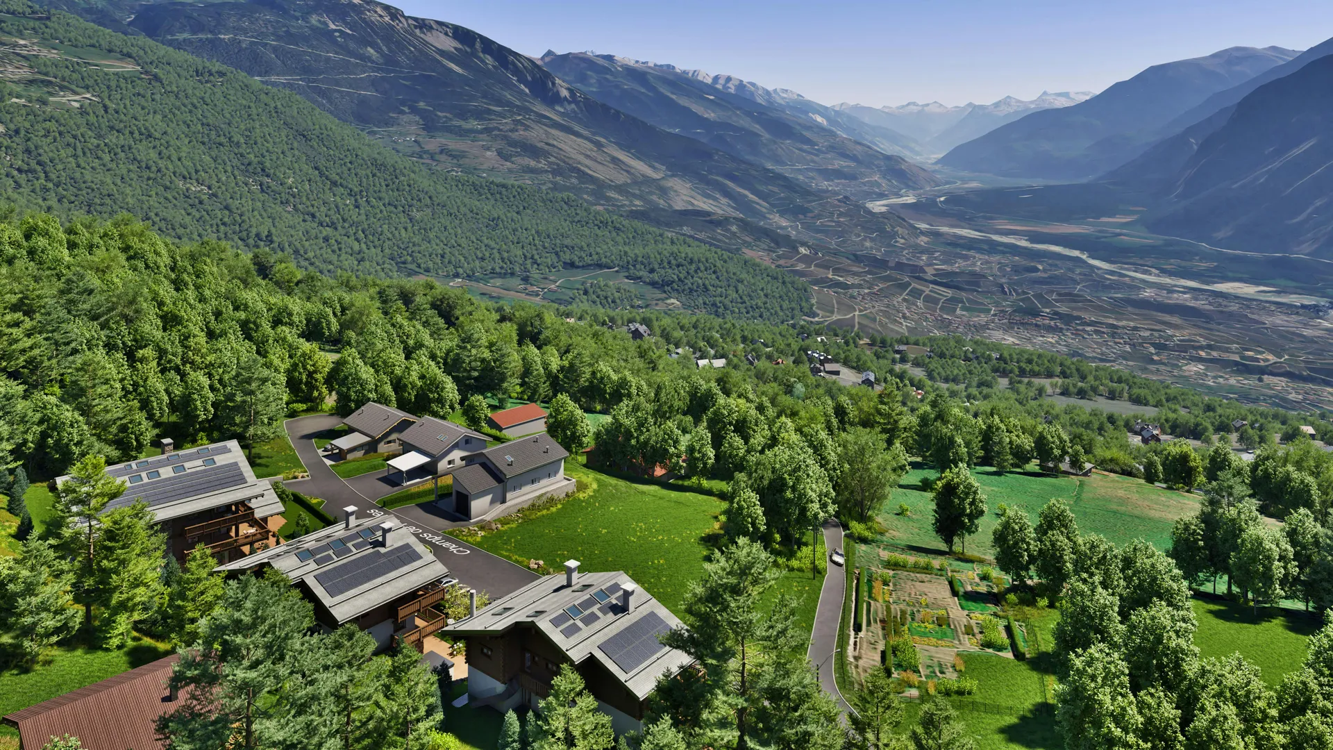Photorealistic 3D architectural presentation of luxury apartments with panoramic Alpine views in Randogne